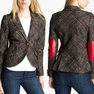 Smythe One Button Gingham Plaid Hunting Elbow Patch Blazer Black Red Size 2